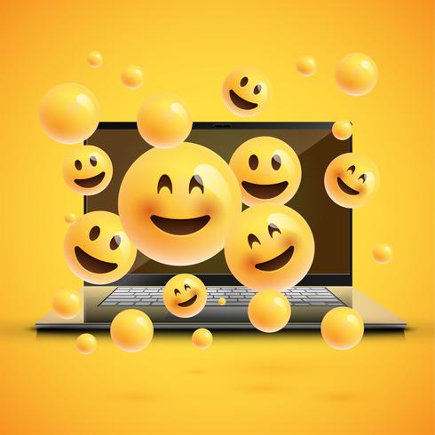 High-detailed emoticons on a notebook screen, vector illustration