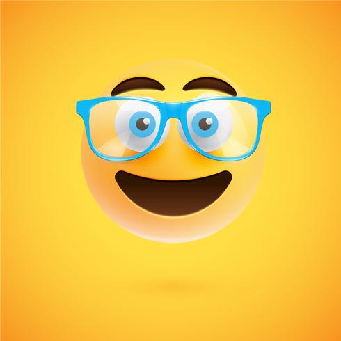 3D yellow emoticon with eyeglasses, vector illustration