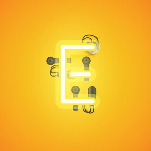 Yellow realistic neon character with wires and console from a fontset, vector illustration