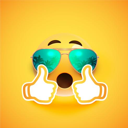Realistic emoticon with sunglasses and thumbs up, vector illustration