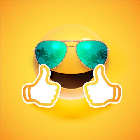 Realistic emoticon with sunglasses and thumbs up, vector illustration