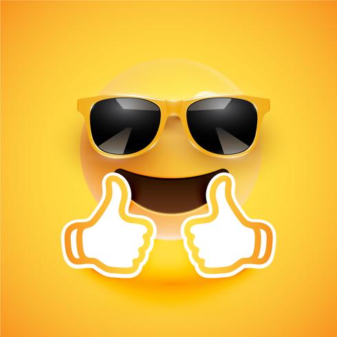 Realistic emoticon with sunglasses and thumbs up, vector illustration
