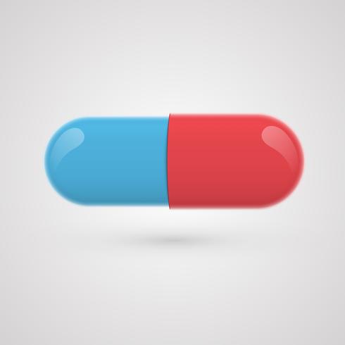 Blue-red pill on a grey background, realistic vector illustration