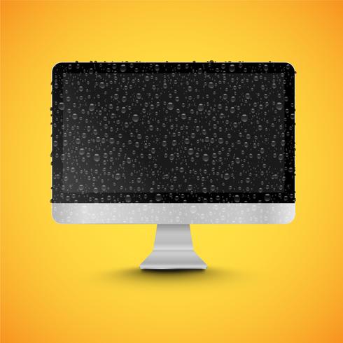 Realistic isolated PC with shiny black screen, with waterdrops, vector illustration
