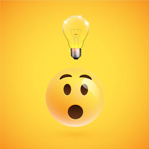 Wondering smiley with a lightbulb shows an idea, vector illustration