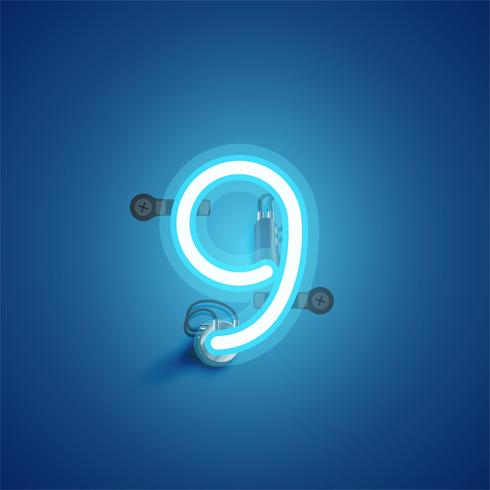 Blue realistic neon character with wires and console from a fontset, vector illustration