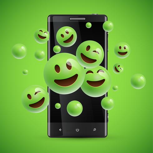 3D and different kinds of emoticons with matte smartphone, vector illustartion