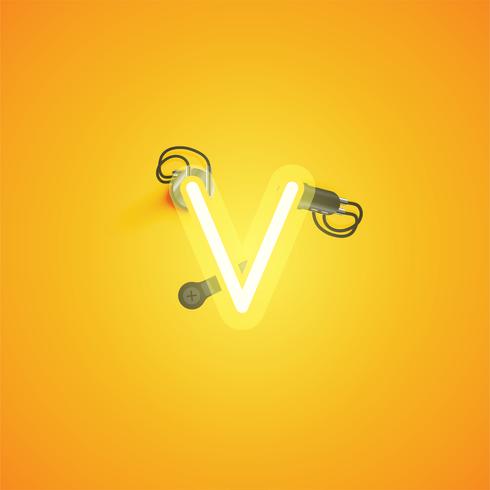 Carácter de neón realista amarillo con cables y consola de un conjunto de fuentes, ilustración vectorial vector