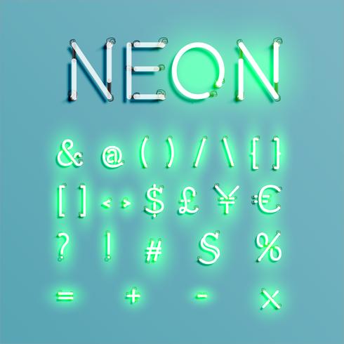 Realistic neon character font set, vector illustration