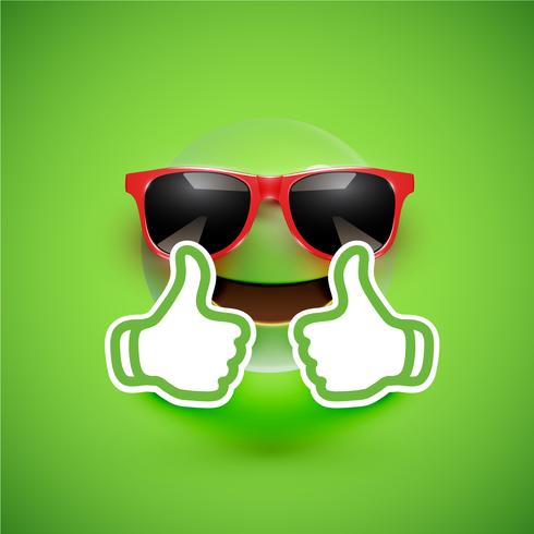 Realistic emoticon with sunglasses and thumbs up, vector illustration