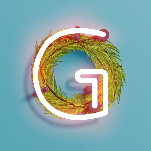 Neon font from a fontset with Christmas decoration pine, vector illustration