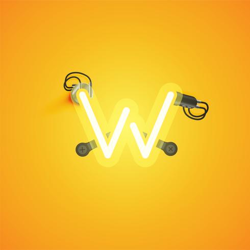 Yellow realistic neon character with wires and console from a fontset, vector illustration