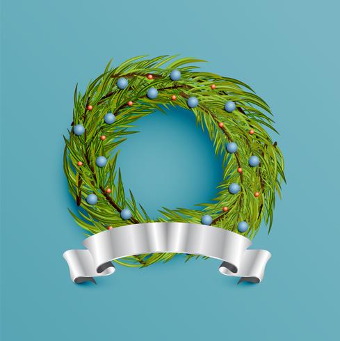 Realistic wreath with gold ribbon for Christmas, vector illustration
