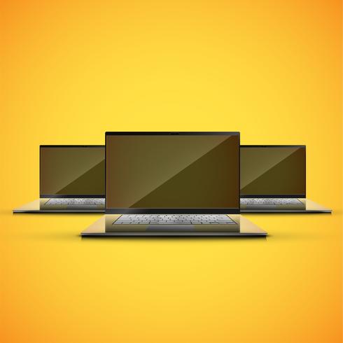 Realistic laptop on a yellow bacground, vector illustration