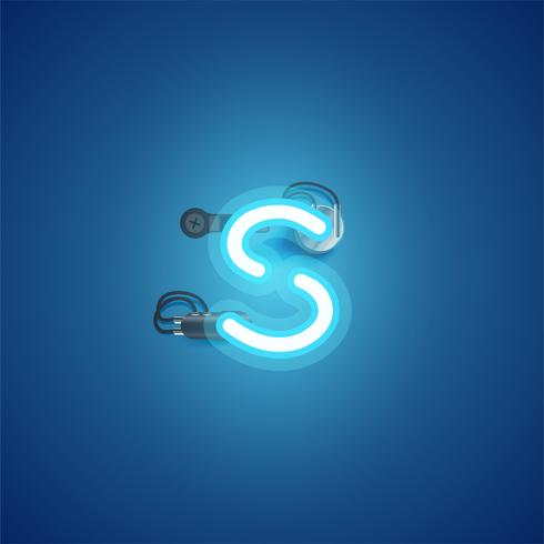 Blue realistic neon character with wires and console from a fontset, vector illustration