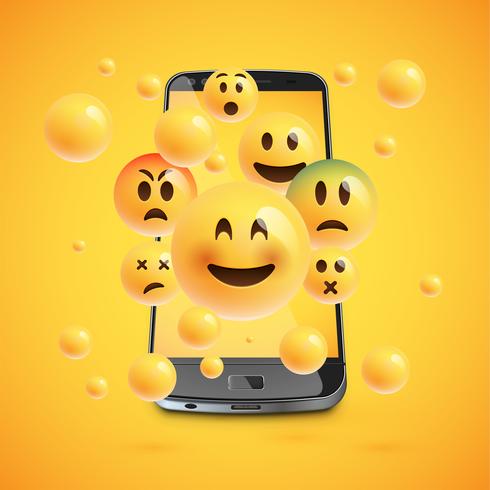 Emoticonos en 3D con smartphone realista, ilustración vectorial. vector