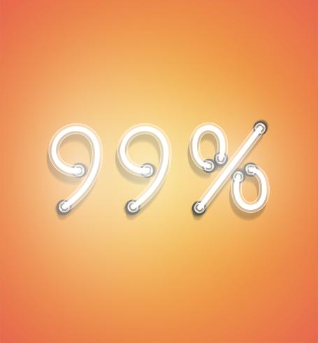 Realistic neon percentage sign, vector illustration