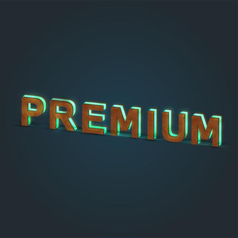 'PREMIUM' - Realistic illustration of a word made by wood and glowing glass, vector