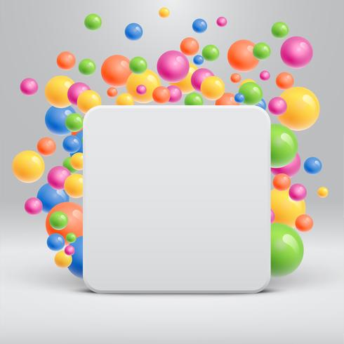 Plantilla blanca en blanco con bolas de colores flotando alrededor de publicidad, ilustración vectorial vector