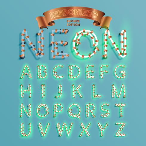 Neon font fontset with Christmas decoration pine, vector illustration