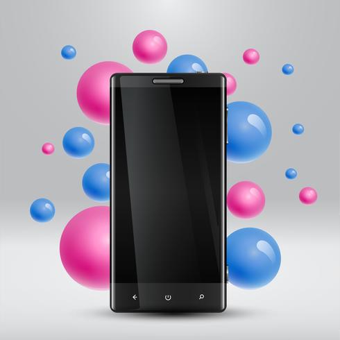 Burbujas de colores flotando alrededor de un teléfono inteligente realista para negocios, ilustración vectorial vector