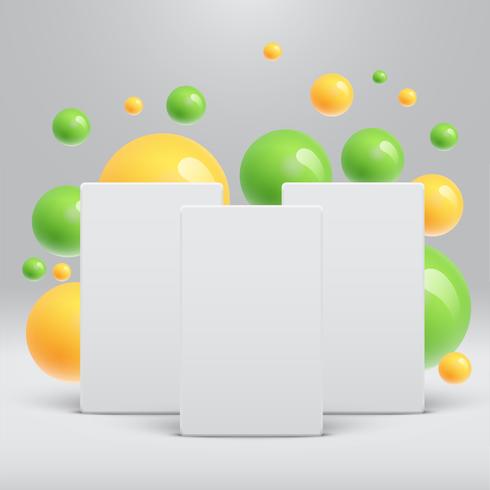 Blank white template with colorful balls floating around for advertising, vector illustration