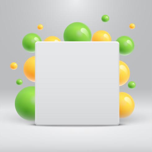 Blank white template with colorful balls floating around for advertising, vector illustration