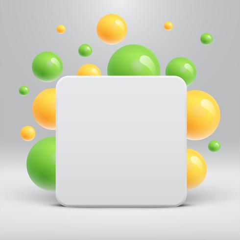 Plantilla blanca en blanco con bolas de colores flotando alrededor de publicidad, ilustración vectorial vector