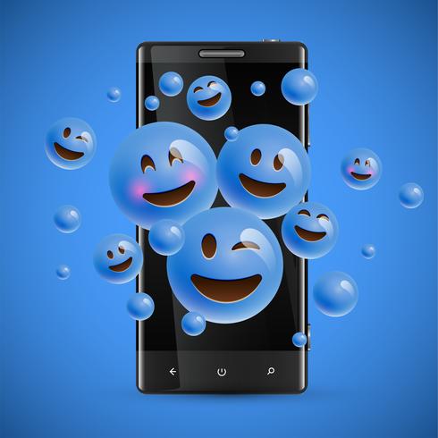 3D y diferentes tipos de emoticonos con smartphone mate, ilustración vectorial vector