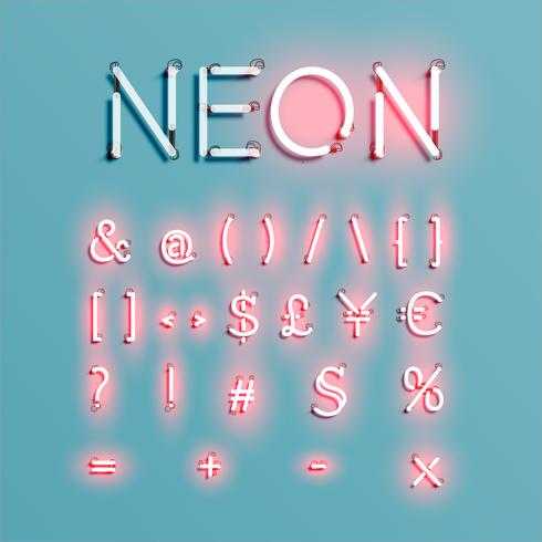 Realistic neon character font set, vector illustration