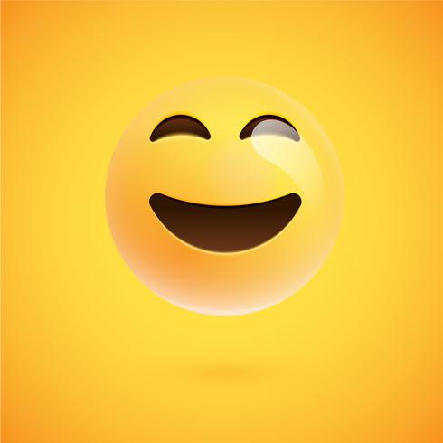 Emoticon amarillo realista delante de un fondo amarillo, ilustración vectorial vector