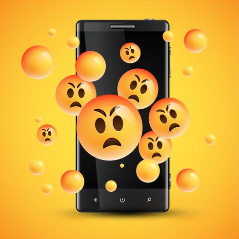 Realistic happy yellow emoticons in front of a cellphone, vector illustration