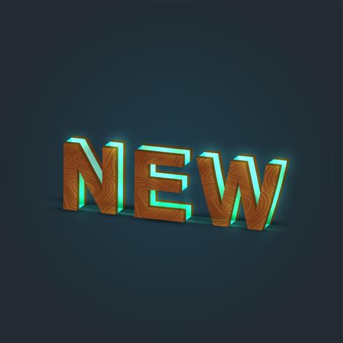 'NEW' - Realistic illustration of a word made by wood and glowing glass, vector