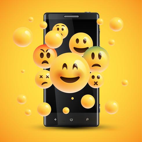 Realistic happy yellow emoticons in front of a cellphone, vector illustration