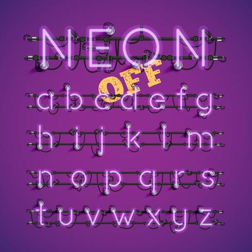 Realistic neon font with wires and console, vector illustration