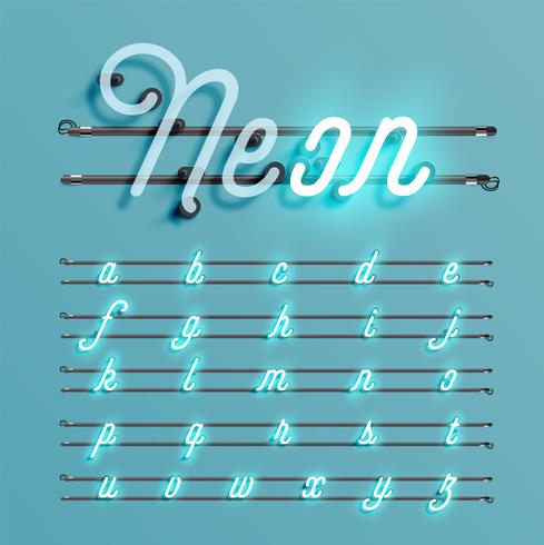 Realistic neon font with wires and console, vector illustration