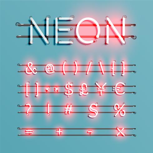 Realistic neon font with wires and console, vector illustration