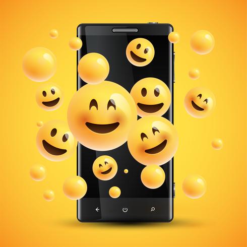 Emoticonos amarillos felices realistas delante de un teléfono celular, ilustración vectorial vector