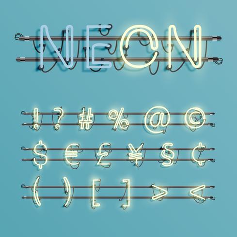 Realistic neon font with wires and console, vector illustration