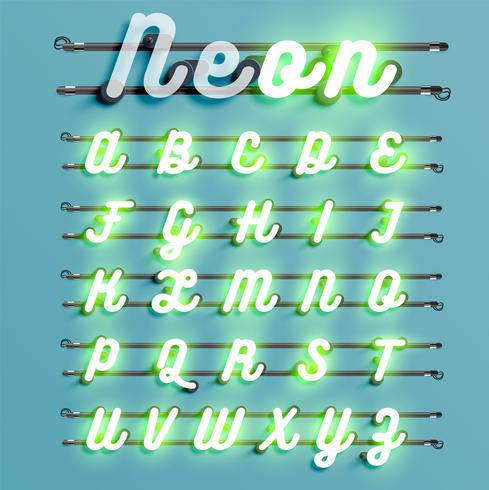 Realistic neon font with wires and console, vector illustration