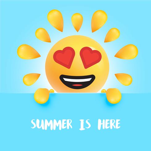 Funny sun-smiley with the title  summer is here, vector illustration