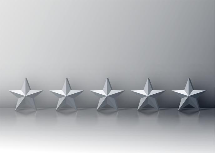 Five grey 3D star rating on grey background, vector illustration