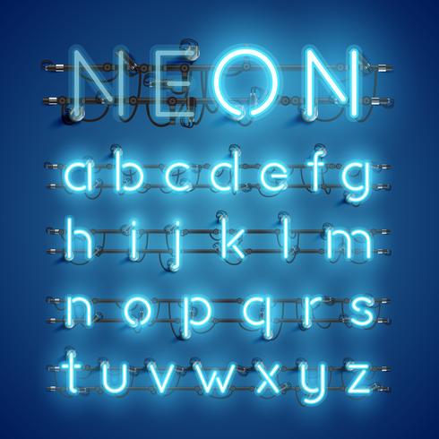 Realistic neon font with wires and console, vector illustration