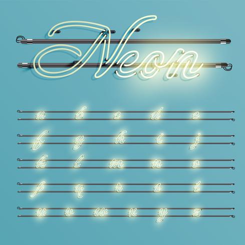 Realistic neon font with wires and console, vector illustration