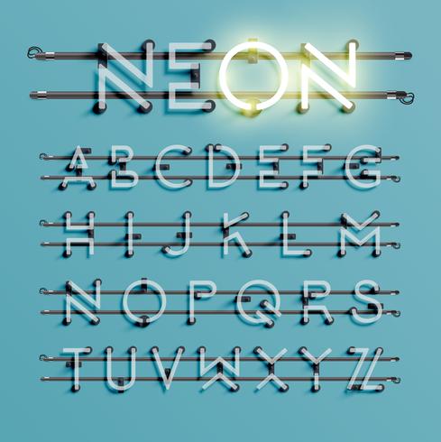 Realistic neon font with wires and console, vector illustration