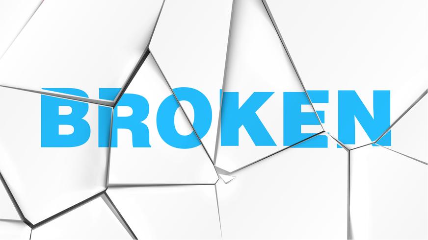 Word of 'BROKEN' on a broken white surface, vector illustration