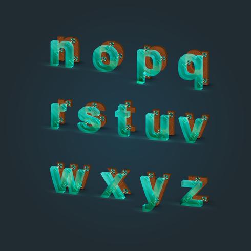 Realsitic glass and wood font set, vector illustration