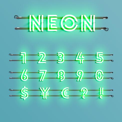 Realistic neon font with wires and console, vector illustration