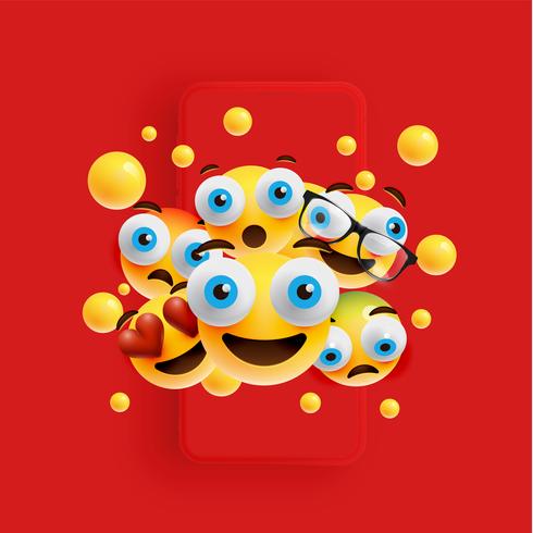 3D and different kinds of emoticons with matte smartphone, vector illustartion