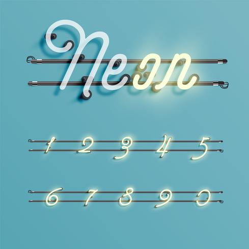 Realistic neon font with wires and console, vector illustration